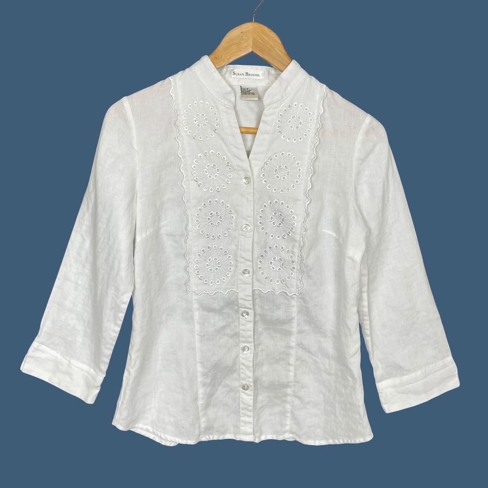 Susan Bristol 100% Linen Eyelet Embroidered Top Womens S Coastal Euro Summer